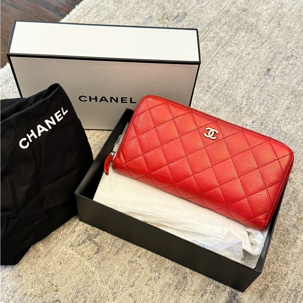 Authentic Chanel Caviar Leather Quilted Large Gusset Zip Around Wallet